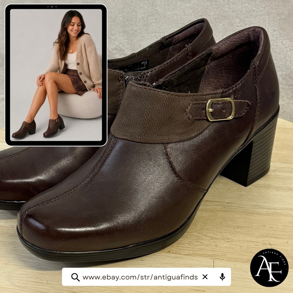 Clarks Womens Brown Leather Shooties Ankle Boots Block Heel Buckle 63038 Size 6M